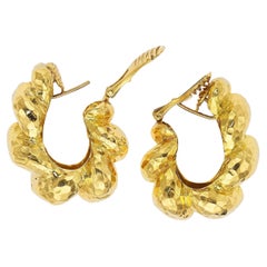 David Webb 18k Yellow Gold Hammered Hoop Clip-On Earrings