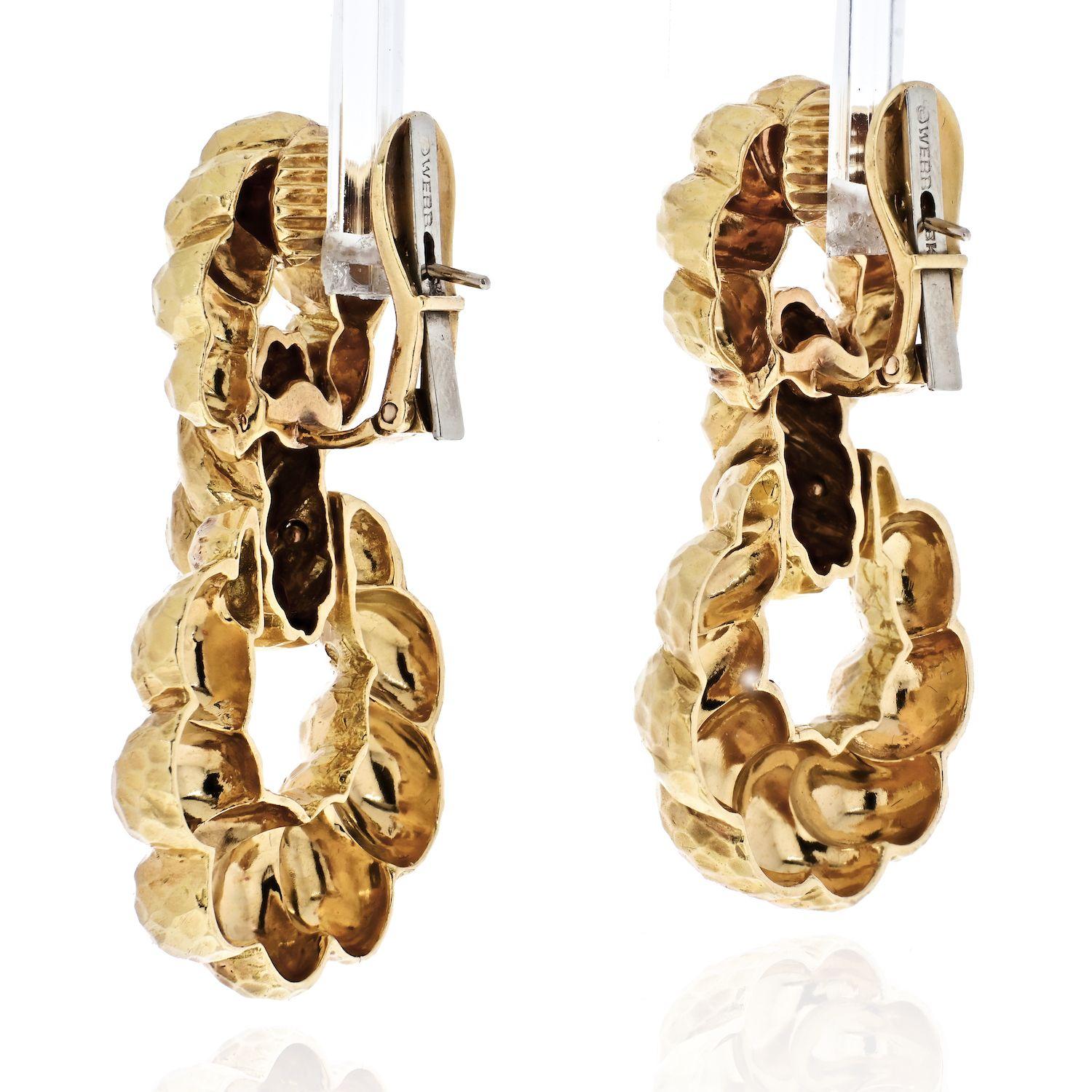 Modern David Webb 18K Yellow Gold Hammered Hoop Pierced Earrings