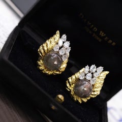 David Webb 18K Yellow Gold Hammered Platinum Emerald Bead and Diamond Earclips
