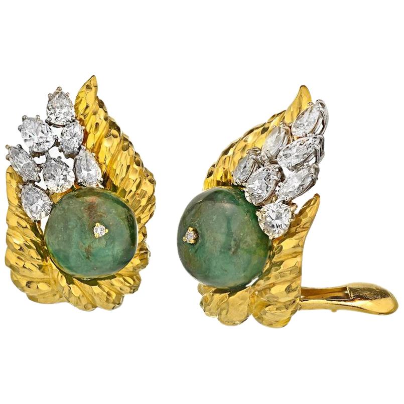 David Webb 18K Yellow Gold Hammered Platinum Emerald Bead and Diamond Earclips