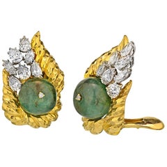 David Webb 18K Yellow Gold Hammered Platinum Emerald Bead and Diamond Earclips