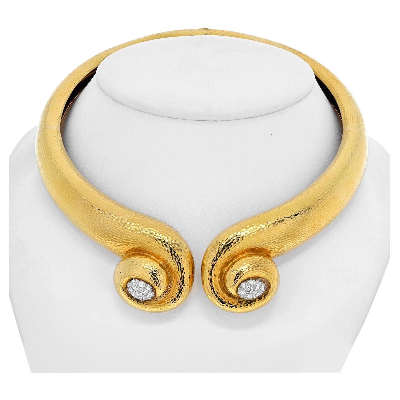 David Webb 18K Yellow Gold Hammered Scroll Diamond Collar Hinged Necklace