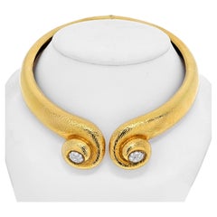 David Webb 18K Yellow Gold Hammered Scroll Diamond Collar Hinged Necklace