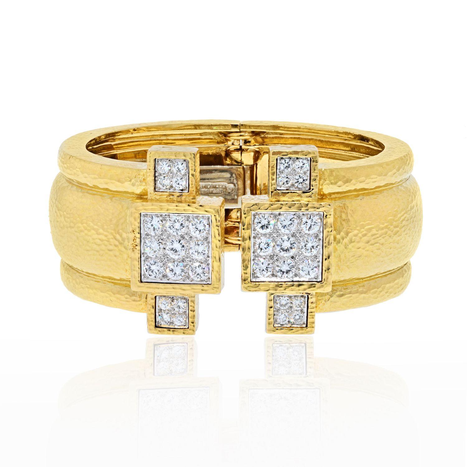 Modern David Webb 18K Yellow Gold Hammered Wide Cuff with Diamonds Bracelet For Sale