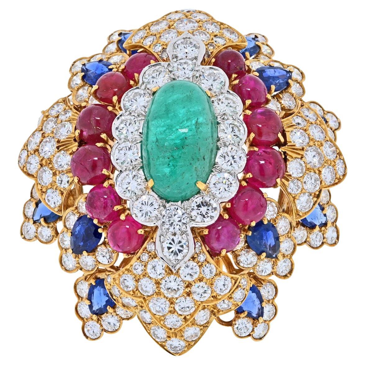 David Webb 18K Yellow Gold Heraldic Green Emerald Ruby and Diamond Brooch For Sale