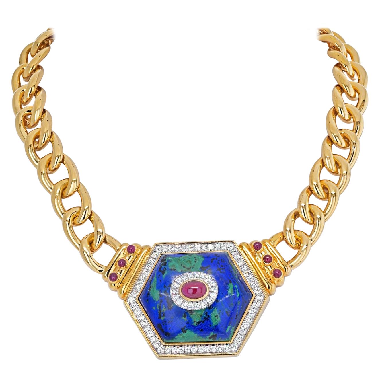 David Webb 18K Yellow Gold Hexagonal-Shaped Azurmalachite Necklace For Sale