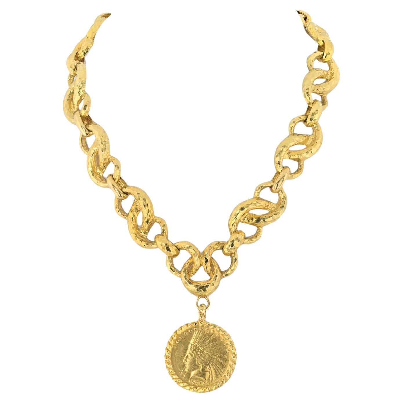 David Webb 18K Yellow Gold "Indian Head " American Coin On A Link Chain Necklace For Sale