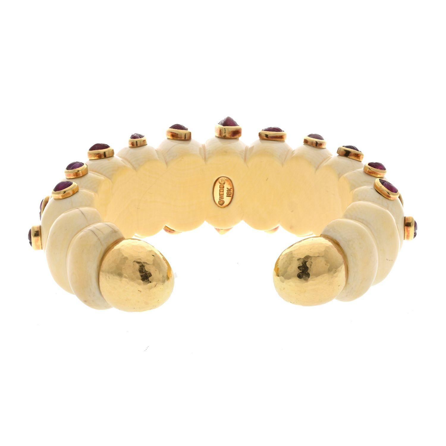 Modern David Webb 18K Yellow Gold Ivory And Carved Ruby 1960's Cuff Bangle For Sale