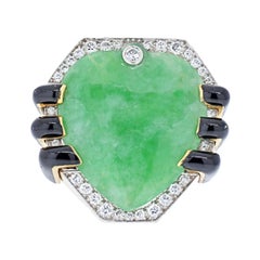 David Webb Bague fantaisie en or jaune 18 carats, jade, diamants et émail noir