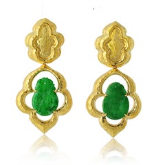 David Webb 18K Yellow Gold Jade Moroccan-Inspired Textured Drop Earrings