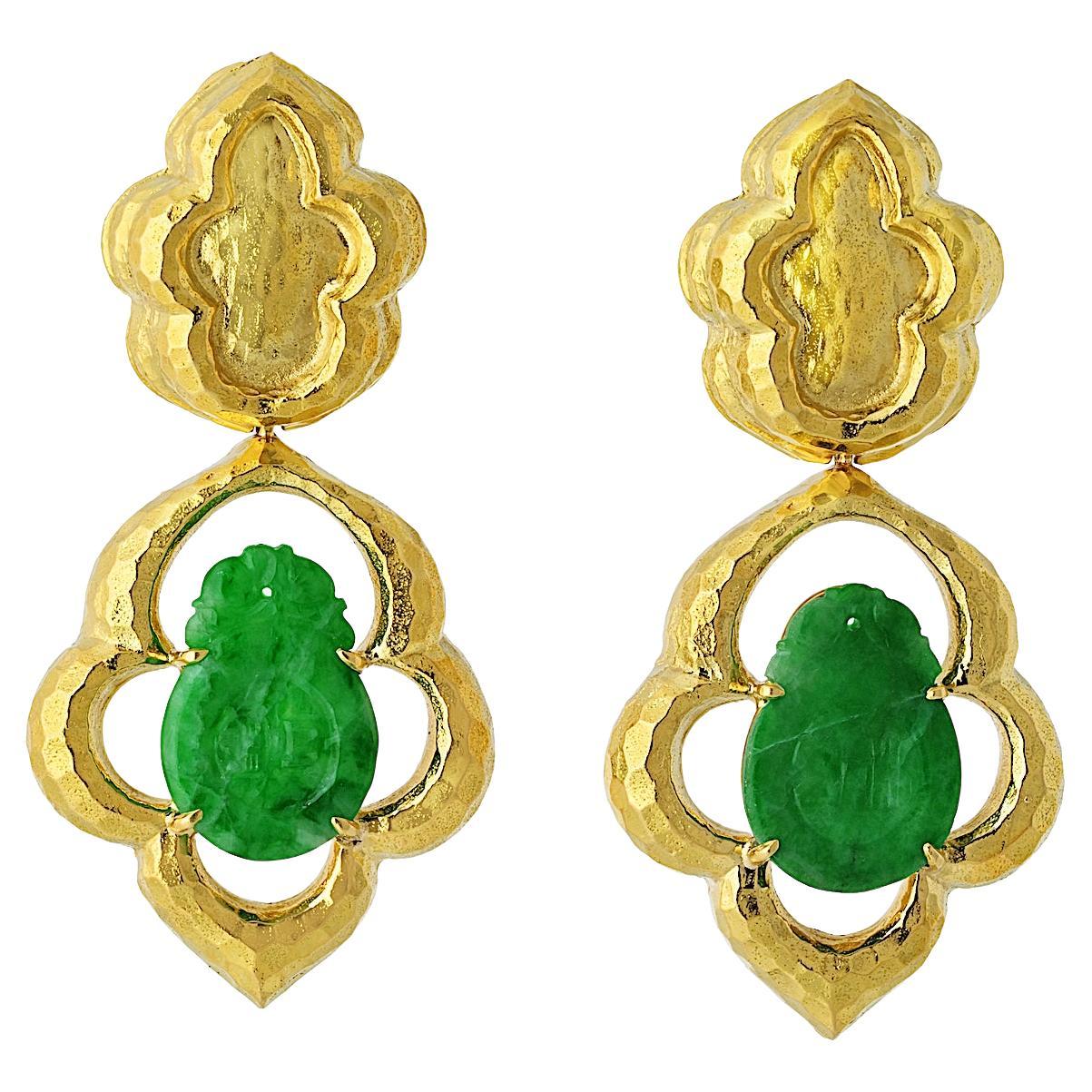 David Webb 18K Yellow Gold Jade Moroccan-Inspired Textured Drop Earrings