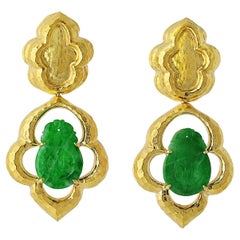 David Webb 18K Yellow Gold Jade Moroccan-Inspired Textured Drop Earrings