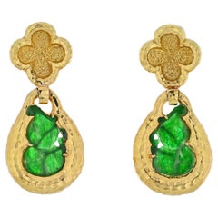 David Webb 18K Yellow Gold Jade Teardrop Dangling Clip on Earrings