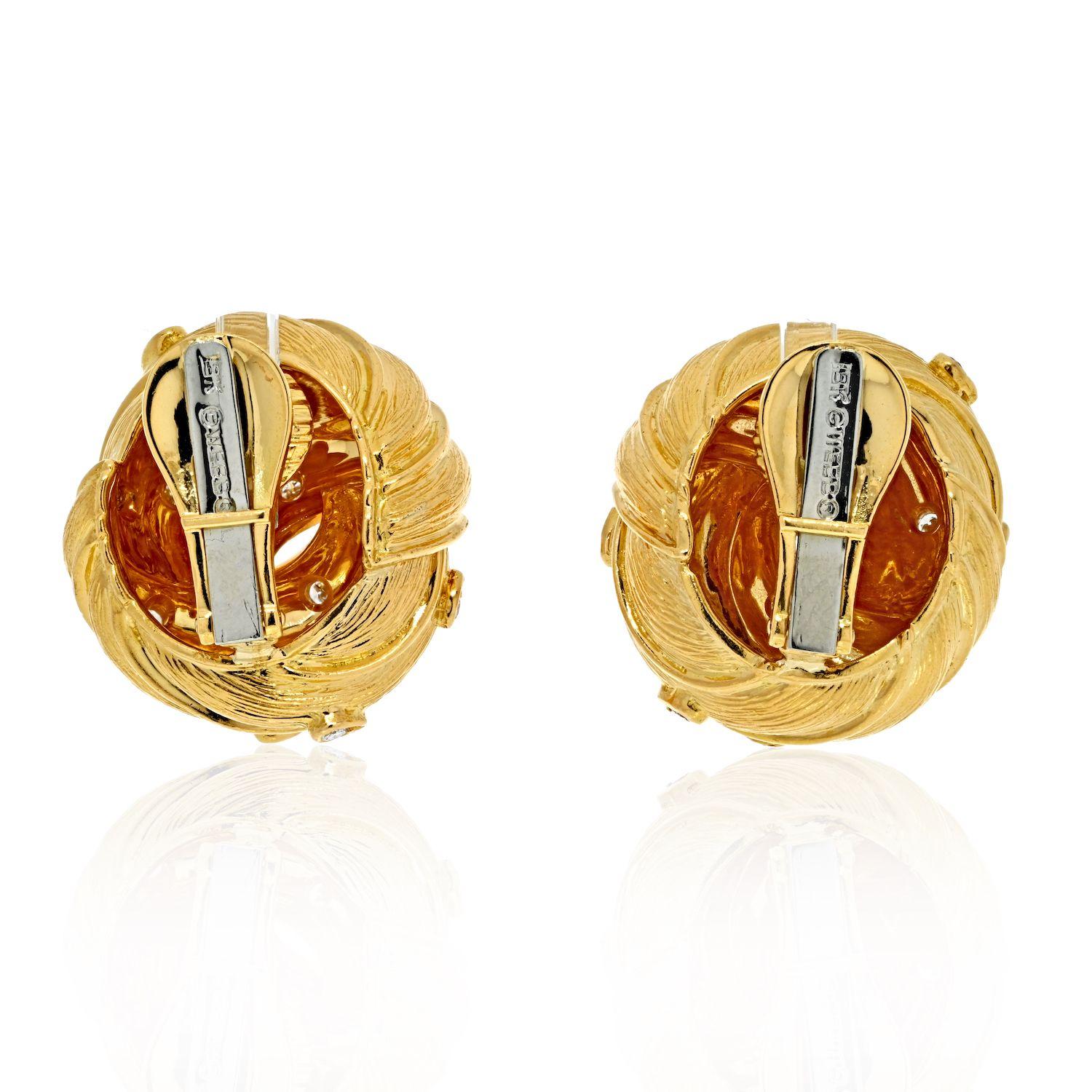 Round Cut David Webb 18K Yellow Gold Knot Style Button Diamond Clip on Earrings For Sale