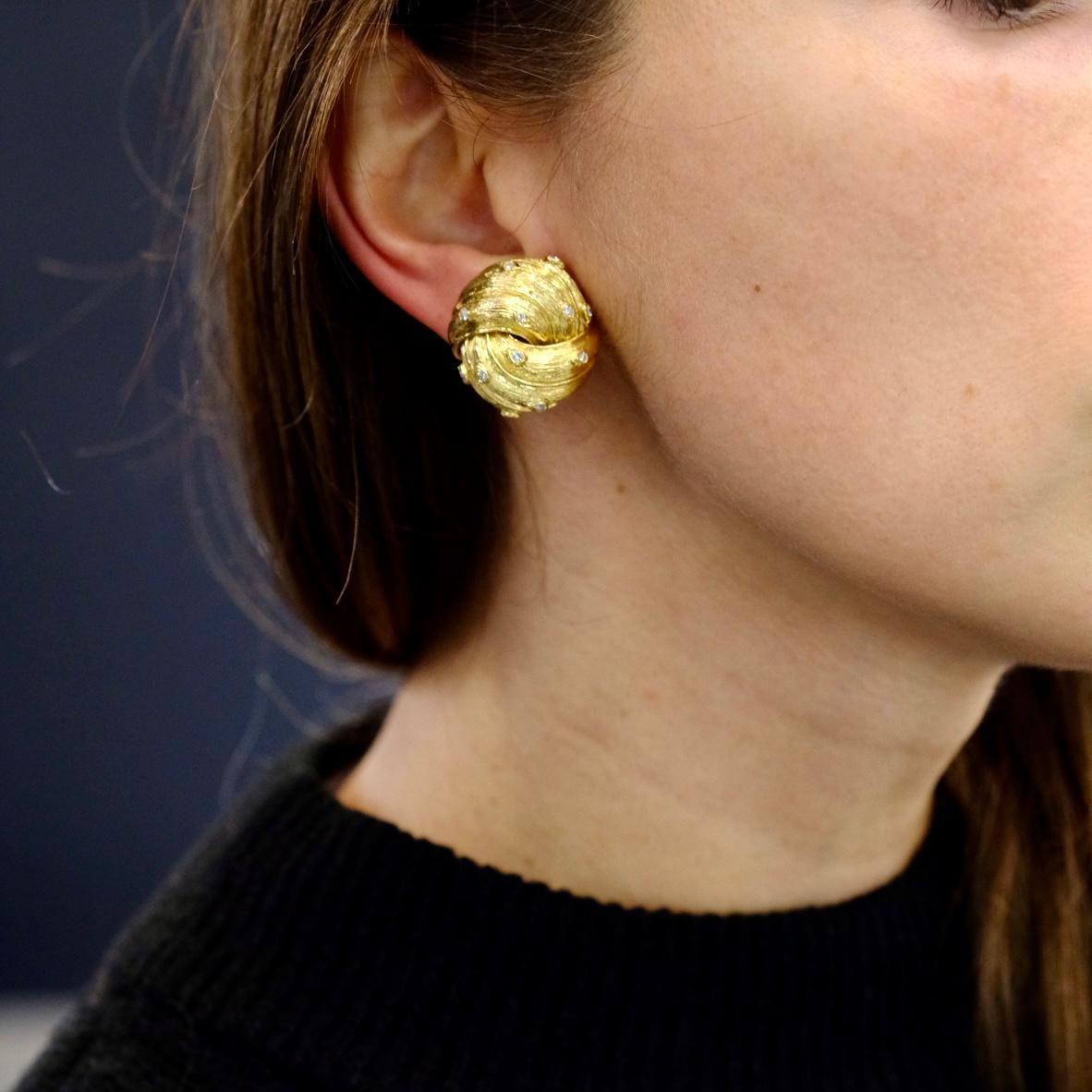 Women's David Webb 18K Yellow Gold Knot Style Button Diamond Clip on Earrings For Sale