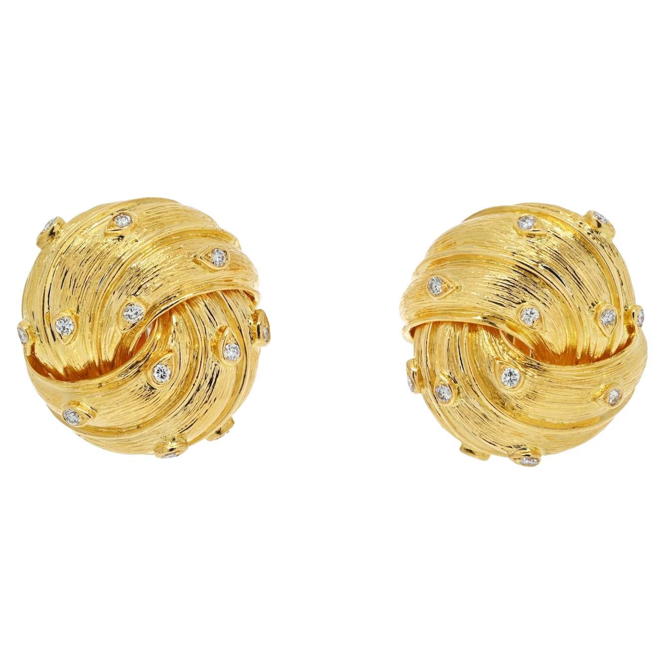 David Webb 18K Yellow Gold Knot Style Button Diamond Clip on Earrings For Sale
