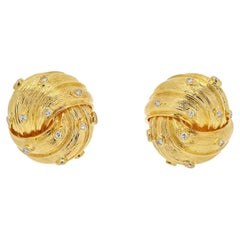 David Webb 18K Yellow Gold Knot Style Button Diamond Clip on Earrings