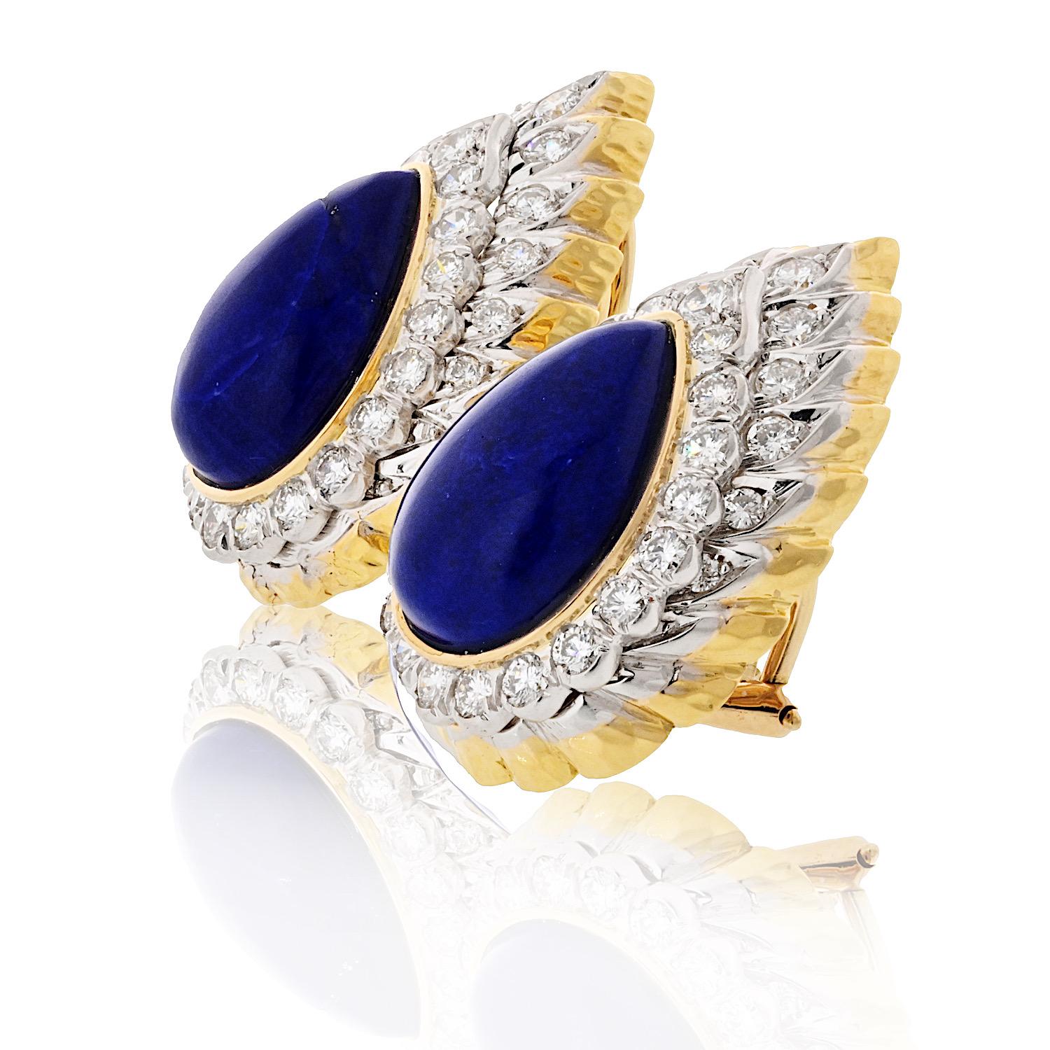 Modern David Webb 18K Yellow Gold Lapis And Diamond Clip Earrings For Sale