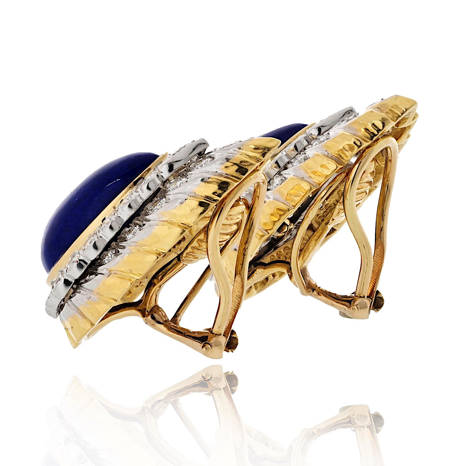 Round Cut David Webb 18K Yellow Gold Lapis And Diamond Clip Earrings For Sale