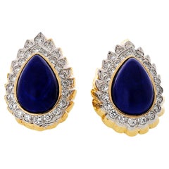 David Webb 18K Yellow Gold Lapis And Diamond Clip Earrings
