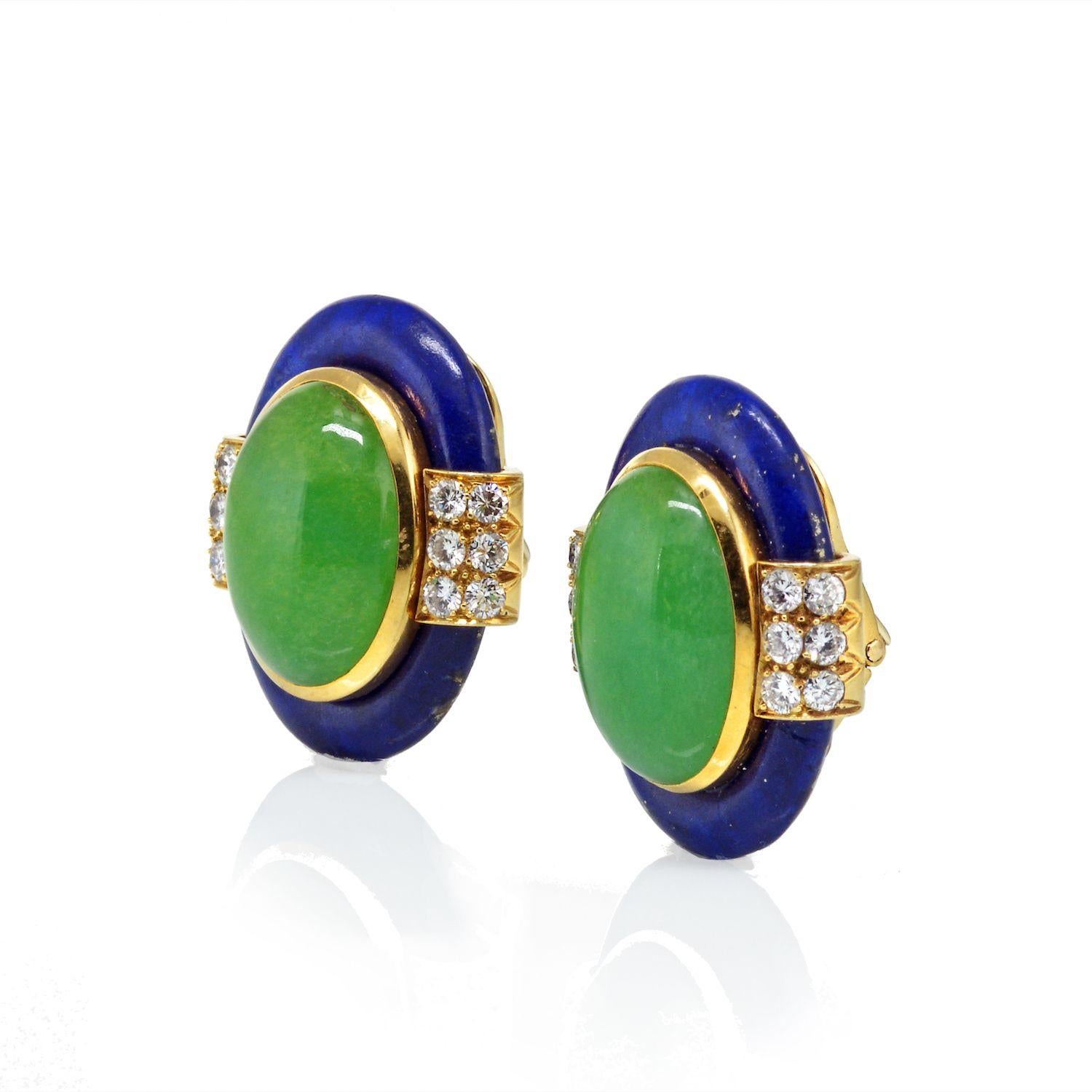 Lazulis, and Diamond Earrings. David Webb 18kt yellow gold earrings or ear clips with central oval cut jade cabochons flanked by three layers of round brilliant cut diamonds and a Lapis Lazulis surround. Jade measures approx. 20mm x 14.5mm. Stamped