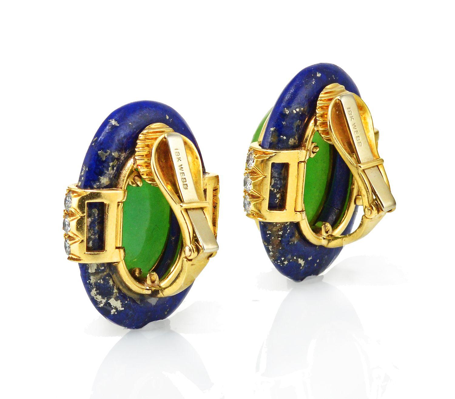 Modern David Webb 18k Yellow Gold Lapis, Jadeite, and Diamond Clip-On Earrings