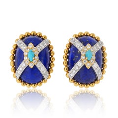 David Webb 18K Yellow Gold Lapis Lazuli And Turquoise Clip On Earrings