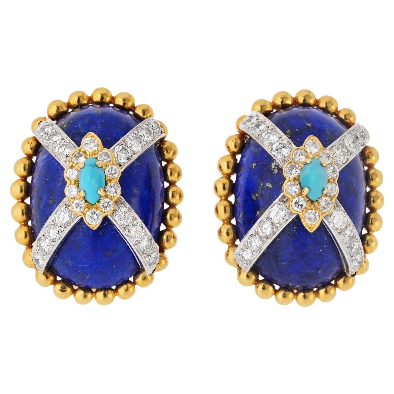 David Webb 18K Yellow Gold Lapis Lazuli And Turquoise Clip On Earrings