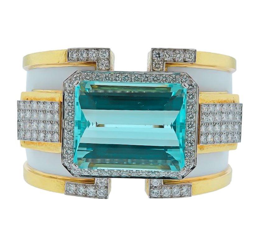 Modern David Webb 18K Yellow Gold Large Aquamarine And Diamond Bangle Cuff Bracelet