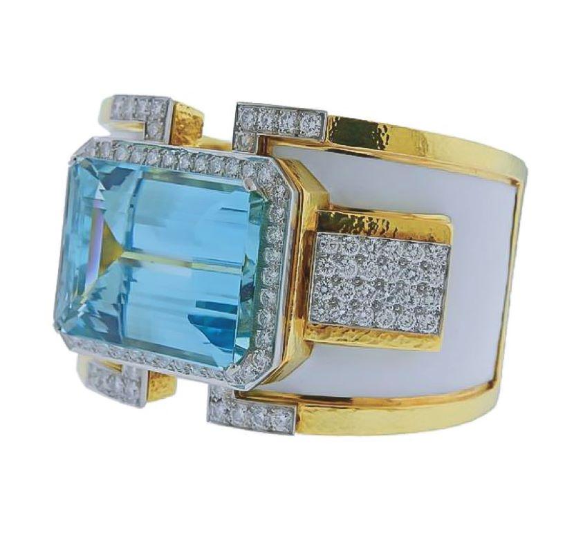 Emerald Cut David Webb 18K Yellow Gold Large Aquamarine And Diamond Bangle Cuff Bracelet