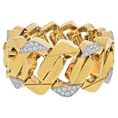 David Webb 18K Yellow Gold Large Hammered Flat Link Diamond Bracelet