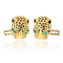 David Webb 18K Yellow Gold Leopard Enamel Cuff Links With Box
