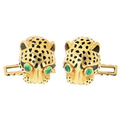 David Webb 18K Yellow Gold Leopard Enamel Cuff Links With Box