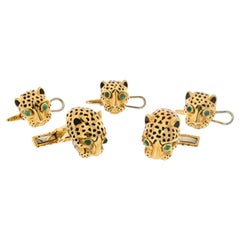 David Webb 18K Yellow Gold Leopard Enamel Stud Set Cuff Links