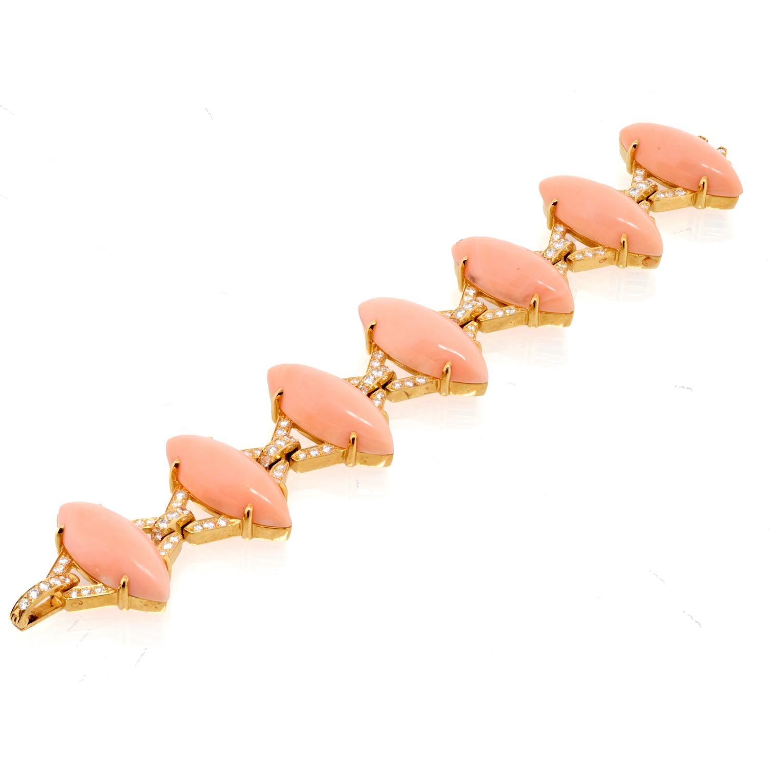 Modern David Webb 18K Yellow Gold Marquise Coral and Diamond Bracelet For Sale