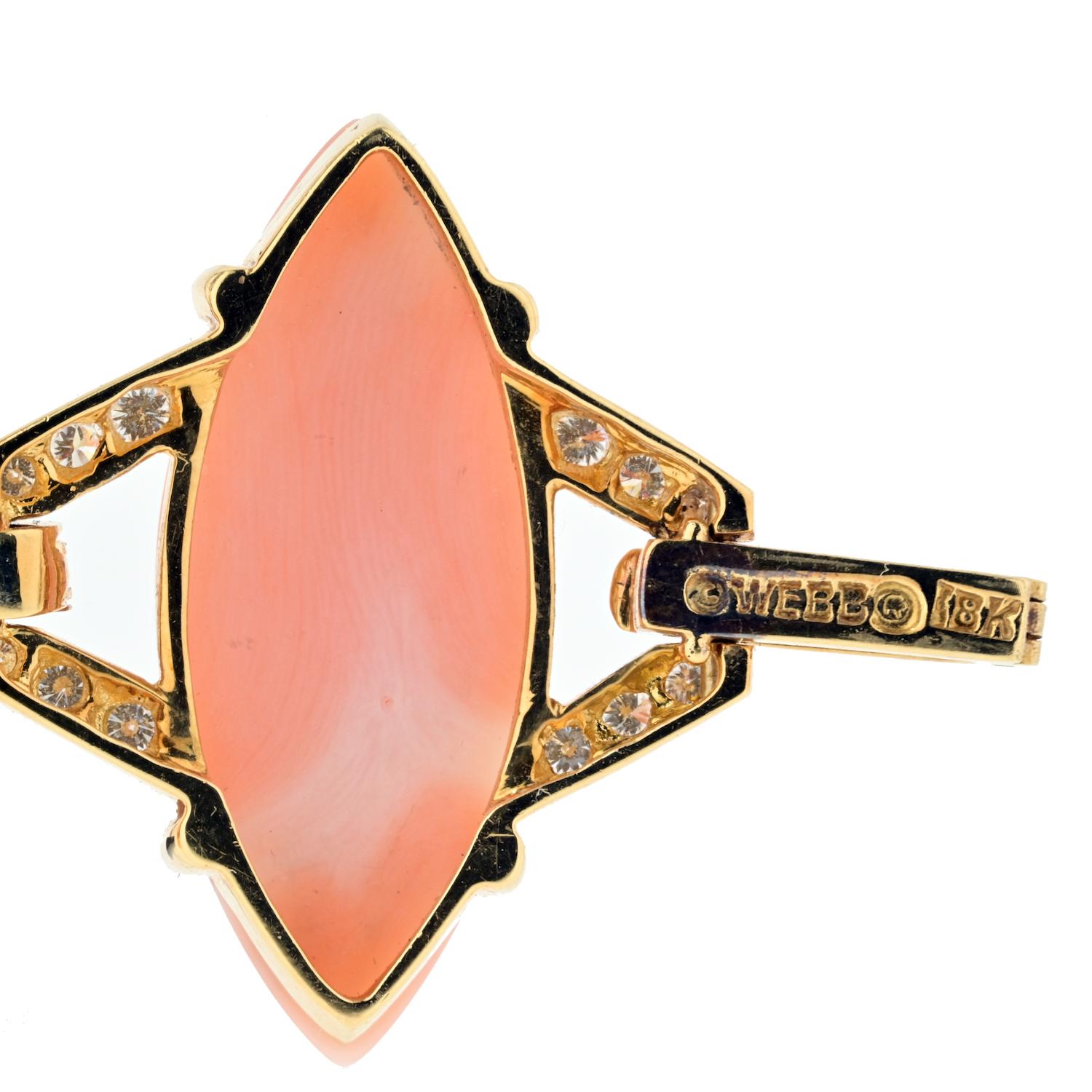 Round Cut David Webb 18K Yellow Gold Marquise Coral and Diamond Bracelet For Sale
