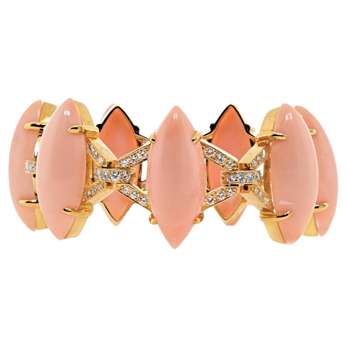 David Webb 18K Yellow Gold Marquise Coral and Diamond Bracelet For Sale