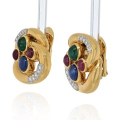 David Webb 18K Yellow Gold Multi Color Gemstone and Diamond Earrings