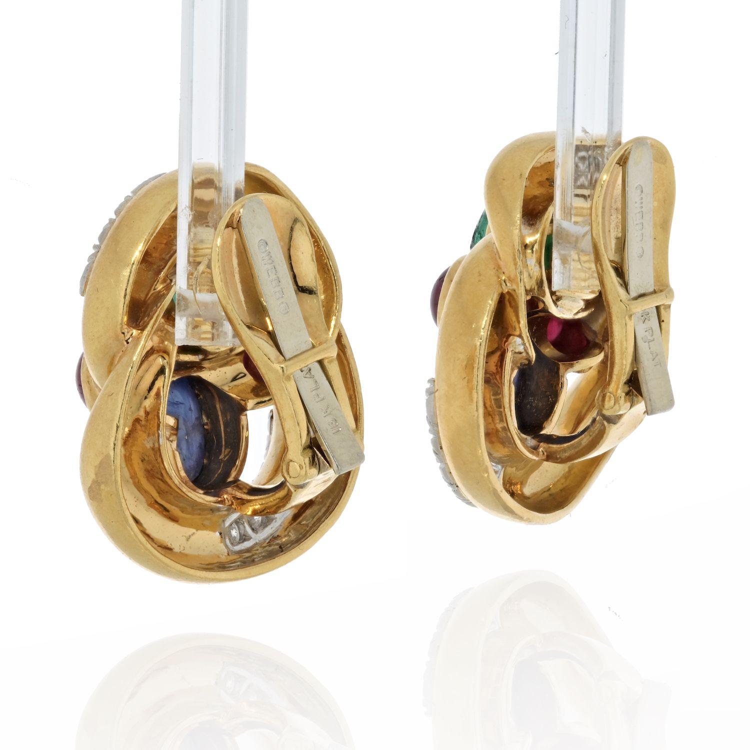 Cabochon David Webb 18K Yellow Gold Multi Color Gemstone and Diamond Earrings For Sale