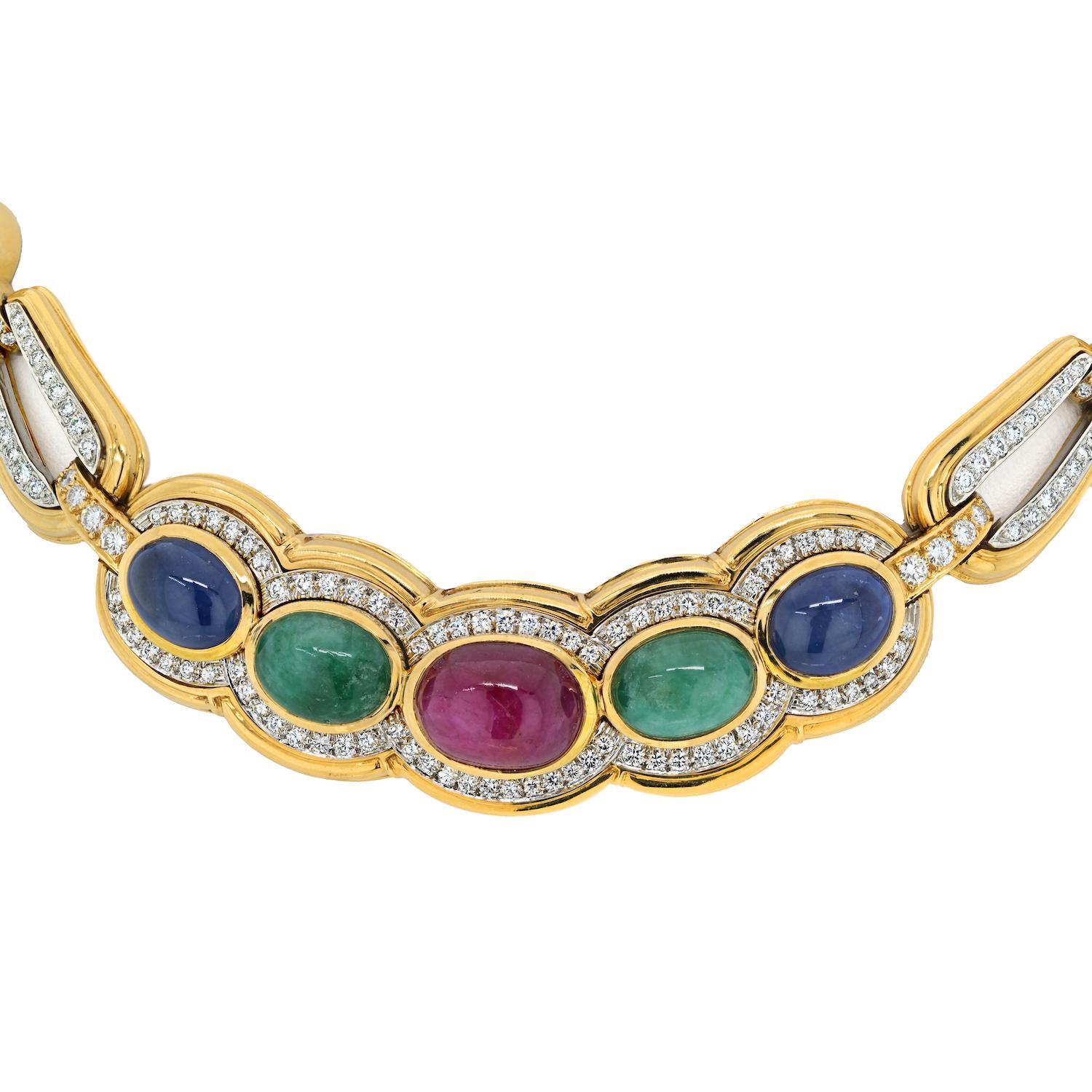 Cabochon David Webb 18K Yellow Gold Multi Gem And Diamond Collar Necklace For Sale