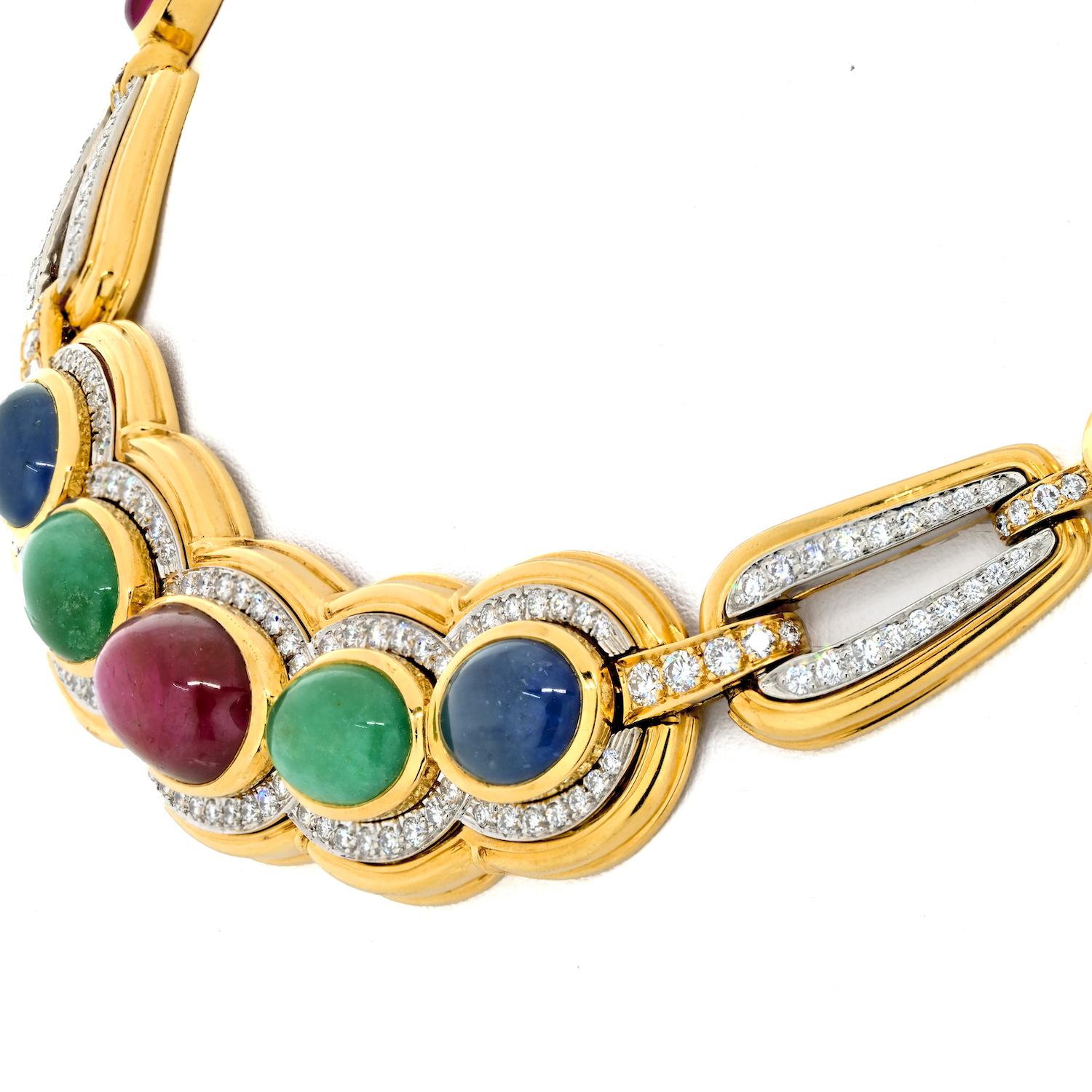 David Webb 18K Yellow Gold Multi Gem And Diamond Collar Necklace In Excellent Condition For Sale In New York, NY