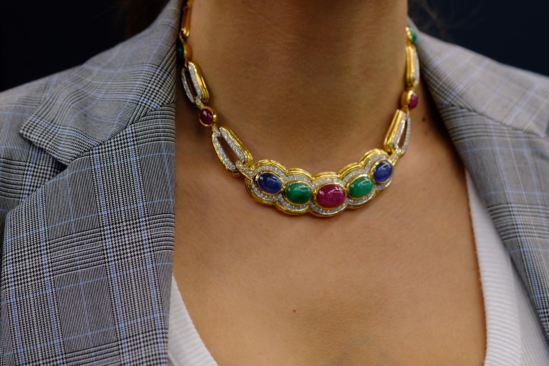 Women's David Webb 18K Yellow Gold Multi Gem And Diamond Collar Necklace For Sale
