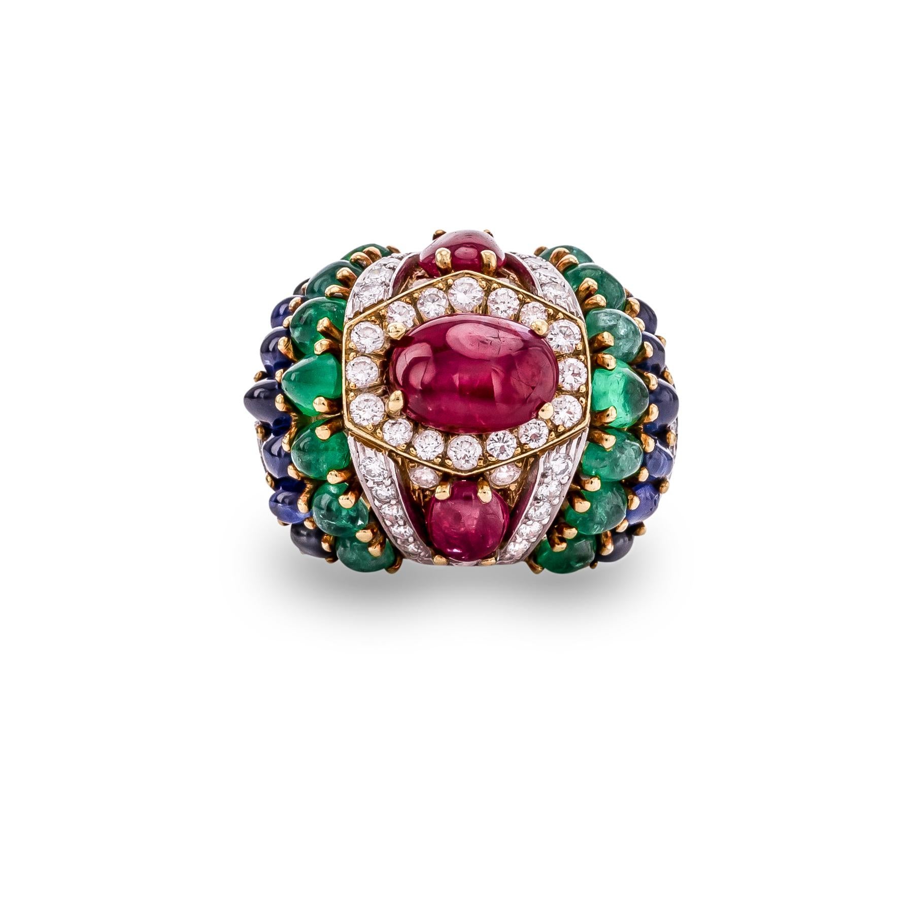 Cabochon rubies, emeralds, blue sapphire
Round brilliant cut diamonds of fine color and quality
Size 6.25

