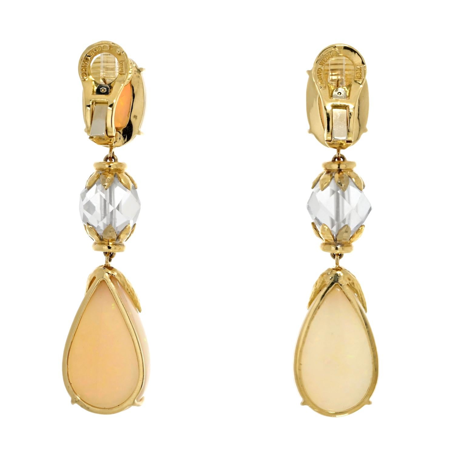 Modern David Webb 18K Yellow Gold Newport Opal Rock Crystal Ladies Drop Earrings For Sale