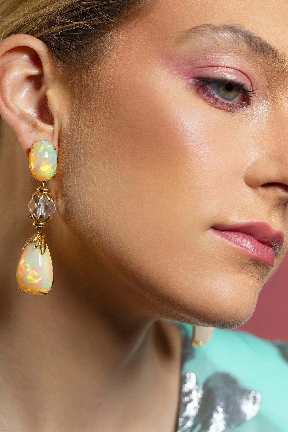 Cabochon David Webb 18K Yellow Gold Newport Opal Rock Crystal Ladies Drop Earrings For Sale
