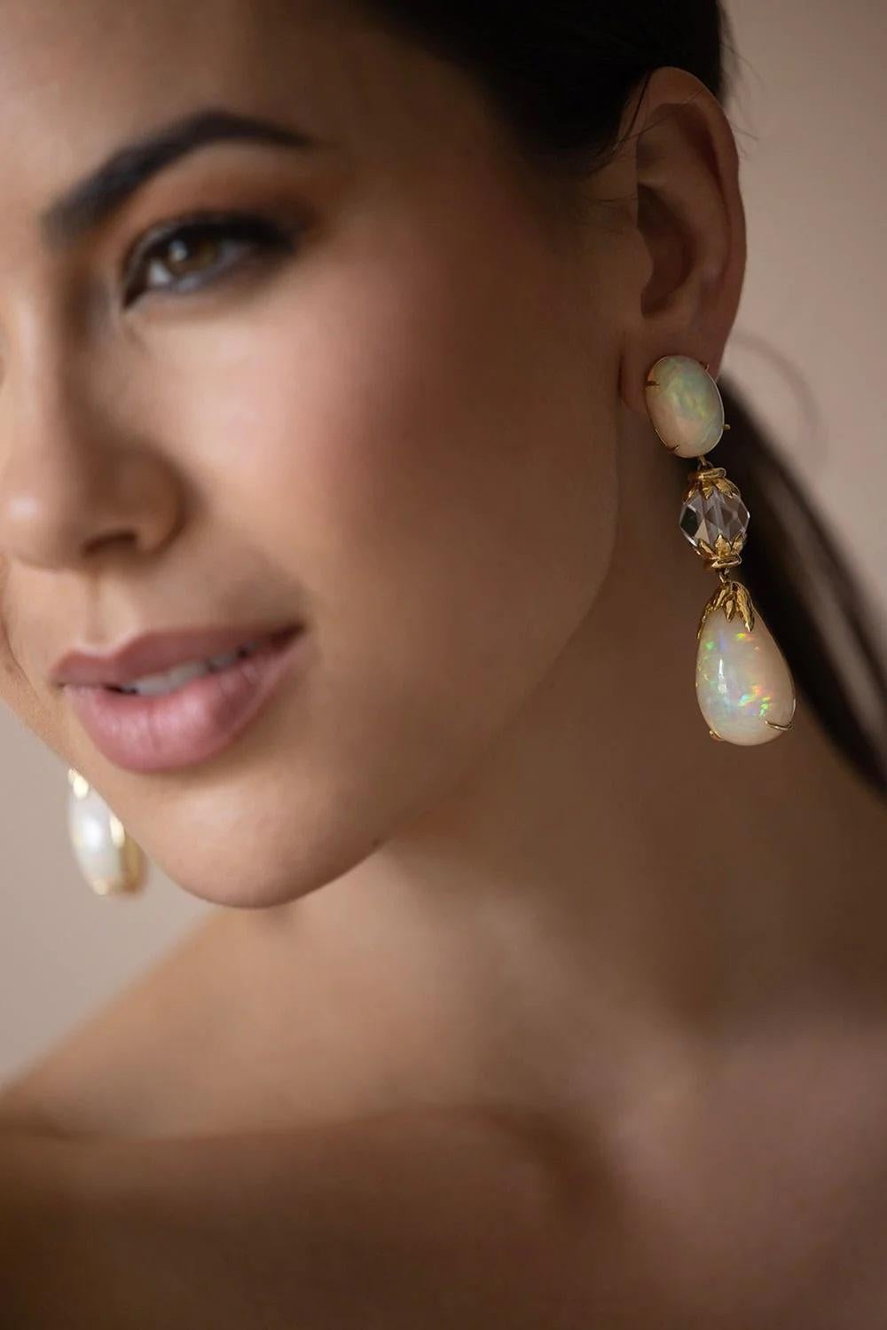 Women's David Webb 18K Yellow Gold Newport Opal Rock Crystal Ladies Drop Earrings For Sale