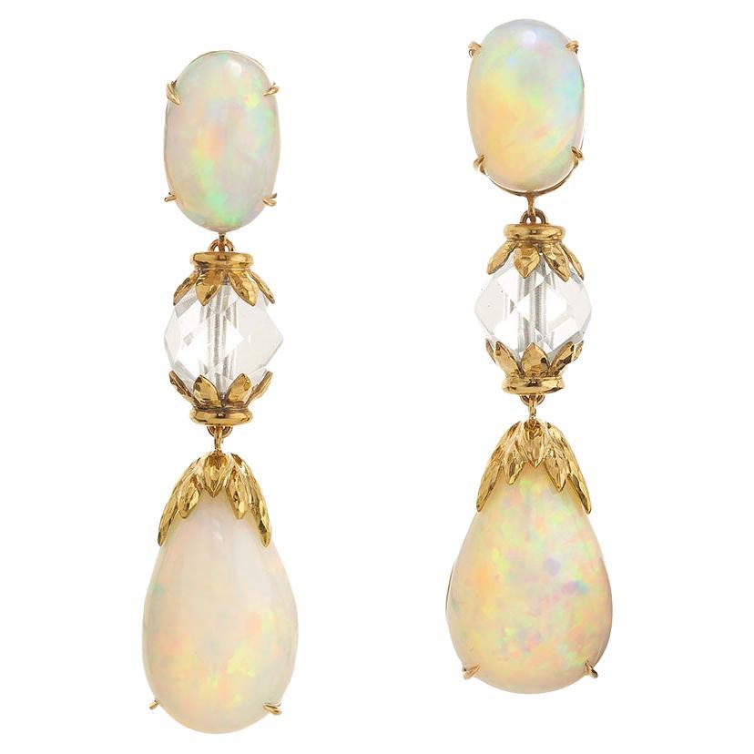 David Webb 18K Yellow Gold Newport Opal Rock Crystal Ladies Drop Earrings For Sale