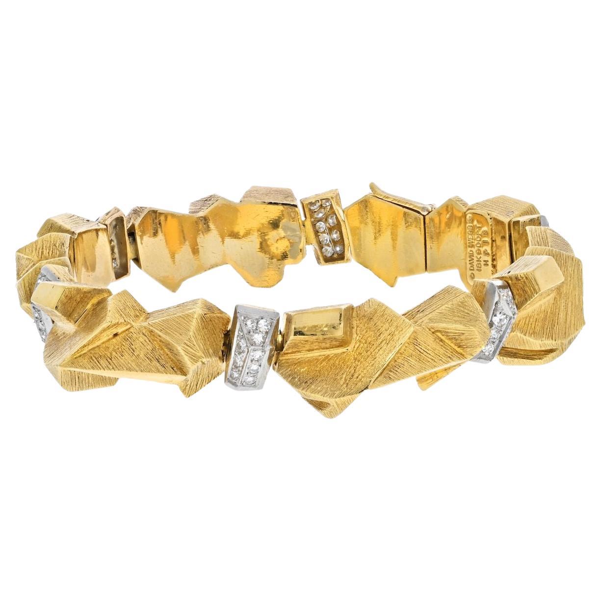 David Webb 18K Yellow Gold Nugget Diamond Articulated Bracelet For Sale