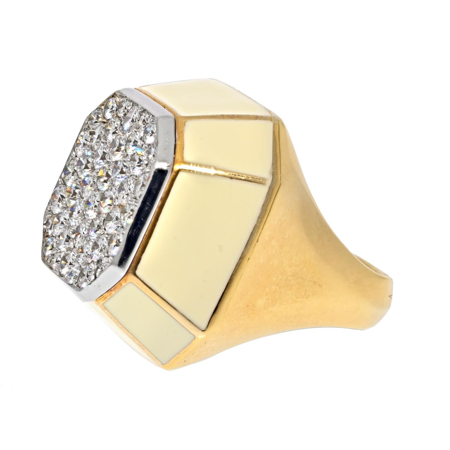 Modern David Webb 18K Yellow Gold Octagon Diamond Cluster Cream Enamel Cocktail Ring For Sale