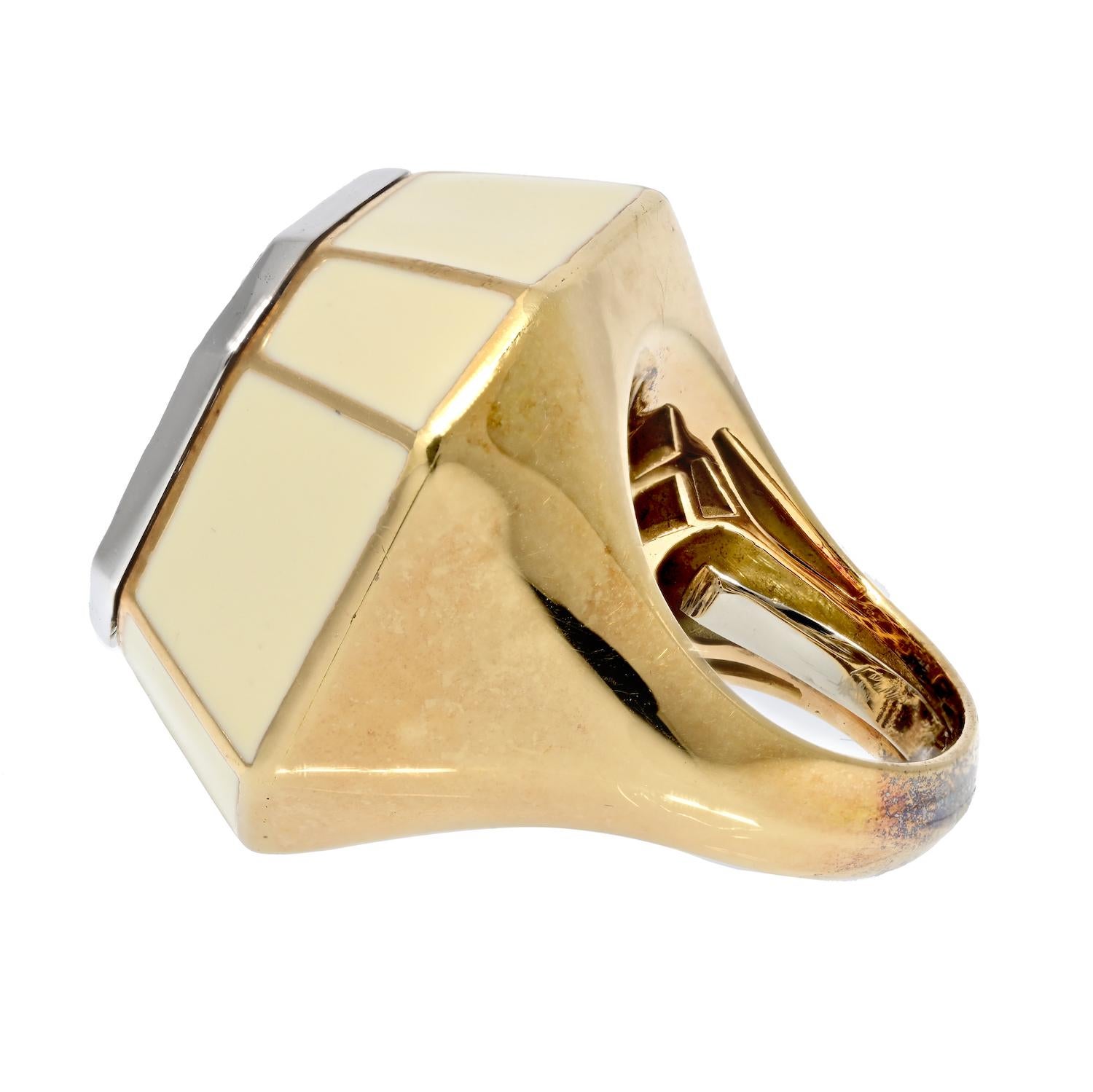 Round Cut David Webb 18K Yellow Gold Octagon Diamond Cluster Cream Enamel Cocktail Ring For Sale